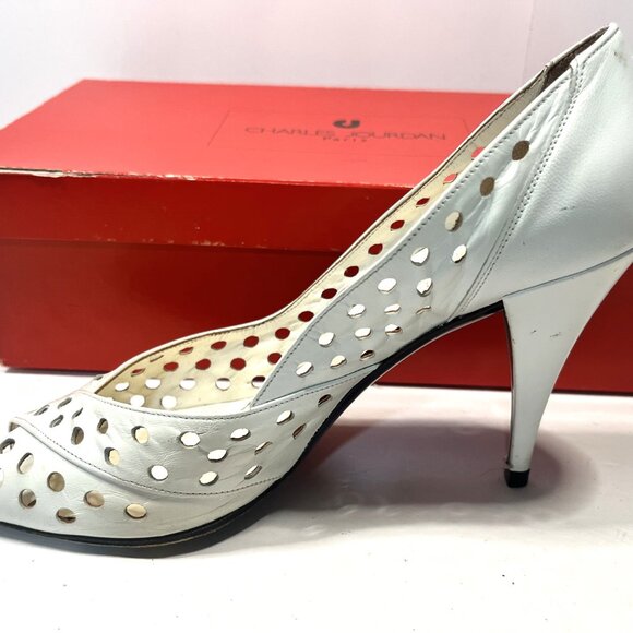 CHARLES JOURDAN PARIS White Perforated Leather Open Toe Women's Heels 7-1/2 - Picture 8 of 11